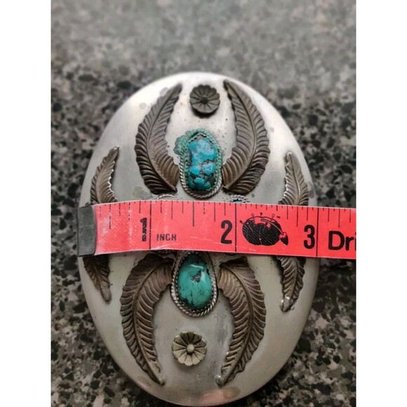 Vtg Native American Turquoise Nuggets Silver ~4x3" Belt Buckle Signed J Quirino - Picture 5 of 5